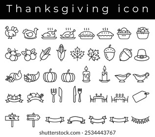 A collection of Thanksgiving-themed icons, featuring turkeys, pies, vegetables, candles, and festive decorations, perfect for holiday designs.