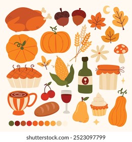 A collection of Thanksgiving-themed illustrations, including pumpkins, acorns, a roasted turkey, pie, bread, a cup of coffee, and other seasonal harvest elements, all in warm, earthy tones