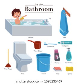 A collection that consists of activity and equipment that are often done and used in the bathroom or toilet.