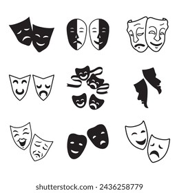 Collection of theater masks. Emotions of sadness and joy. Vector set of EPS 10 sketches