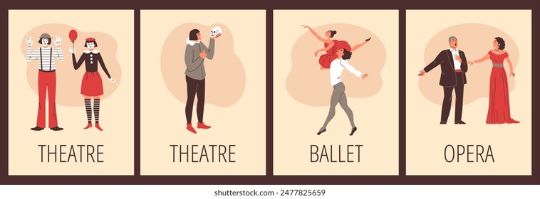 Collection of theatrical performance posters. Includes actors, opera singers, and ballet dancers in vector format. Showcasing talent in vibrant costumes and dramatic poses.