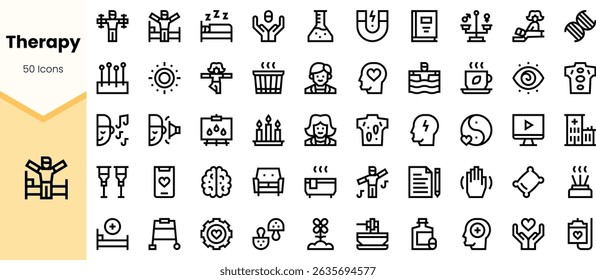 A collection of therapy-related icons in a clean, minimalist style showcasing various aspects of mental health and wellness.