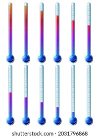 Collection of thermometer with blue liquid turning red as the temperature rises