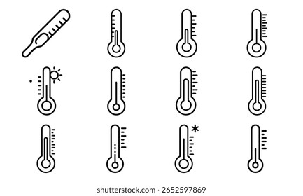 Collection of thermometer icons illustrating various temperatures and temperature readings simple black and white vector design