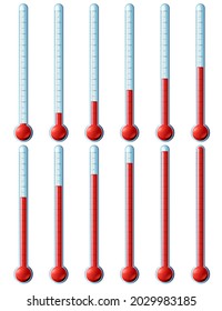 Collection of thermometer with red liquid with different temperatures