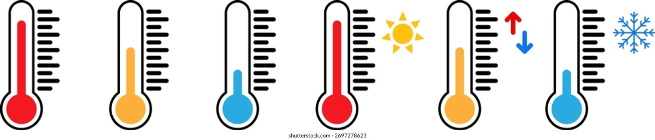 Eine Sammlung von Thermometern, die verschiedene Temperaturwerte von warm bis kalt darstellen, mit Symbolen für Hitze und Frost.