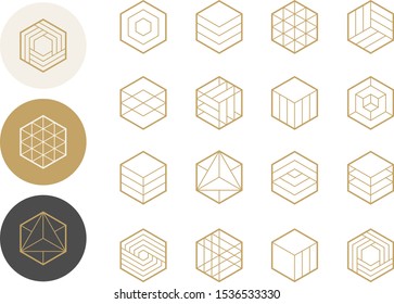 Collection of thin 16 icons and 3 stylish golden Logo.Linear design elements.Hexagons,Triangles,Squares,Circles.Trendy hipster icon,logo, logotypes,label,monogram.Vector illustration.Isolated on white