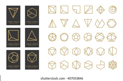 Collection of thin 30 black icons,6 trendy gold Logo.Linear design elements.Geometric icon,geometric pattern,geometric shape,label,monogram,hexagons,triangles,squares,circles.Vector.Isolated on white