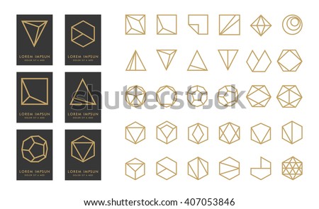 Collection of thin 30 black icons,6 trendy gold Logo.Linear design elements.Geometric icon,geometric pattern,geometric shape,label,monogram,hexagons,triangles,squares,circles.Vector.Isolated on white