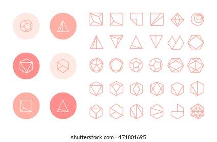 Collection of thin 30 icons and 6 stylish pink rose Logo.Linear design elements.Hexagons,Triangles,Squares,Circles.Trendy hipster logo, logotypes,label,monogram.Vector illustration.Isolated on white