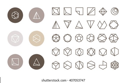 Collection of thin 30 icons,6 trendy wooly Logo.Linear design elements.Geometric icon,geometric pattern,geometric shape,label,sign,monogram,hexagons,triangles,squares,circles.Vector.Isolated on white