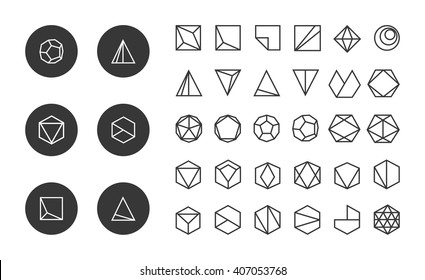 Collection of thin 30 icons,6 trendy black Logo.Linear design elements.Geometric icon,geometric pattern,geometric shape,label,sign,monogram,hexagons,triangles,squares,circles.Vector.Isolated on white