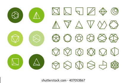 Collection of thin 30 icons,6 trendy green Logo.Linear design elements.Geometric icon,geometric pattern,geometric shape,label,sign,monogram,hexagons,triangles,squares,circles.Vector.Isolated on white