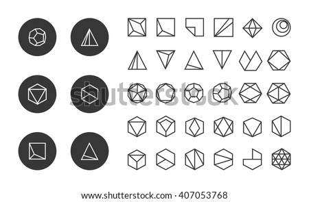 Collection of thin 30 icons,6 trendy black Logo.Linear design elements.Geometric icon,geometric pattern,geometric shape,label,sign,monogram,hexagons,triangles,squares,circles.Vector.Isolated on white