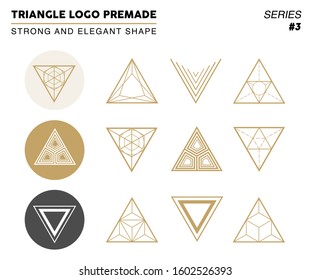 Collection of thin 9 icons and 3 stylish golden Logo. Linear design elements. Triangles, Circles. Trendy hipster icon,logo,label,monogram.Vector illustration.Isolated on white