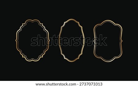 Collection of thin gold vintage frames. Elegant rectangular gradient golden border on black background. Retro Textbox set. Vintage ornament frame. Vintage style. retro label. Wedding ornaments, invitation card. Luxury, premium badge. 