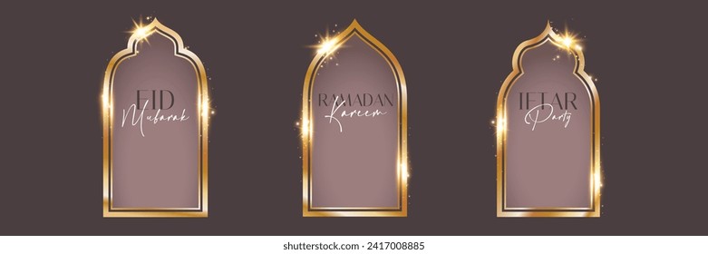 Colección de marcos dorados delgados, elegantes y elegantes con efectos espumosos. Oro brillante, caligrafía, motivos orientales. Ilustración del vector