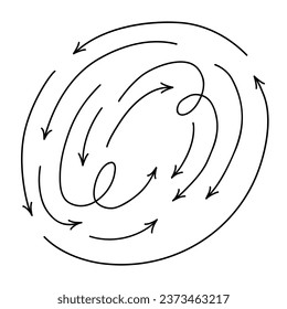 Colección de flechas finas dibujadas a mano moviéndose en un círculo. Las flechas vectoriales y giratorias están aisladas en el fondo blanco.