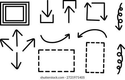 Coleção de finas setas desenhadas à mão e contornos de caixa tracejada, ponteiros vetoriais de esboço e elementos decorativos.