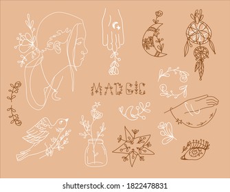 Collection of thin, hand drawn style logos and hand icons, magic. Illustration of fashion, skincare and wedding concept.