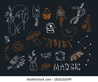 Collection of thin, hand drawn style logos and hand icons, magic. Vector illustration.