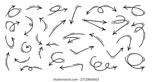 A collection of thin hand-drawn curvy arrows, loops, swirls, and dynamic marker-style pointers. Vector design elements for notes, presentations, planners, and playful graphics.