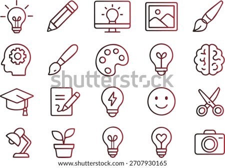 A collection of thin line art icons representing creativity, education, art, and idea generation, isolated on white background