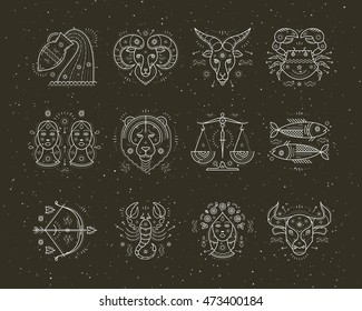 Colección de símbolos de línea delgada astrología y zodiaco. Elementos vectoriales de diseño gráfico.