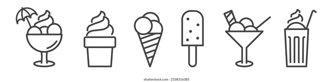 Colección de íconos de helado de línea delgada - ilustración vectorial sobre fondo blanco - sundae, cono, parfait, café helado y yogur congelado