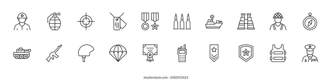 Colección de íconos de línea delgada del ejército. Signo lineal y trazo editable. Adecuado para sitios web, libros, artículos