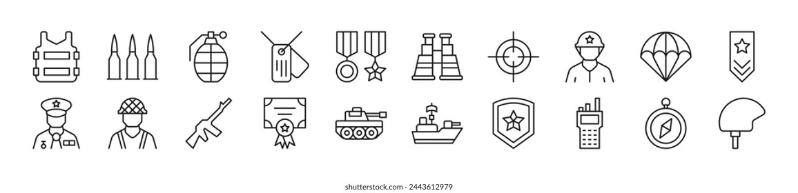 Collection of thin line icons of army. Editable stroke. Simple linear illustration for web sites, newspapers, articles book 