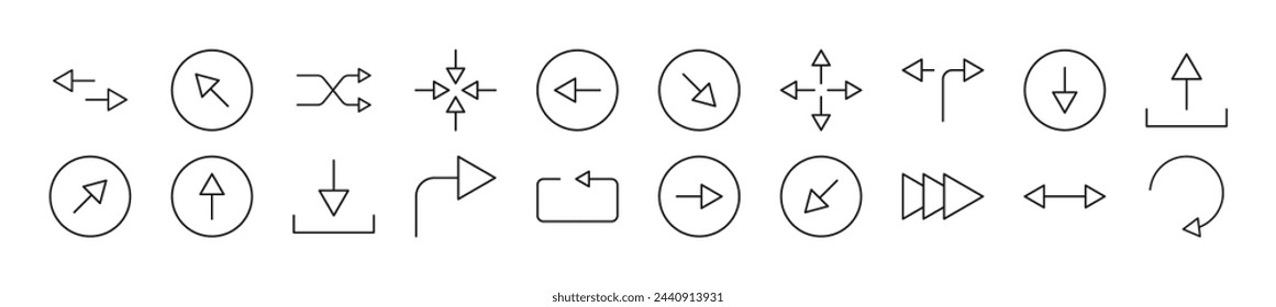 Collection of thin line icons of arrows. Editable stroke. Simple linear illustration for web sites, newspapers, articles book 
