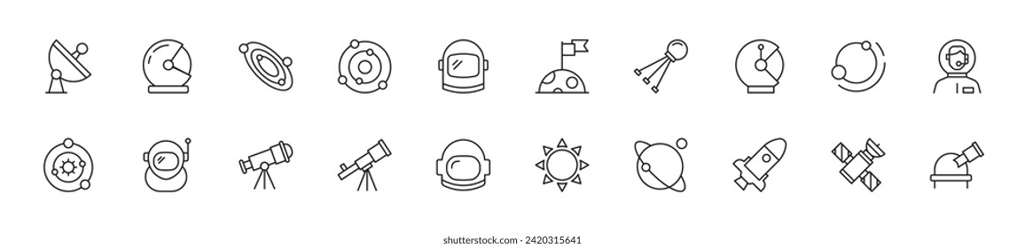 Collection of thin line icons of astronaut. Linear sign and editable stroke. Suitable for web sites, books, articles