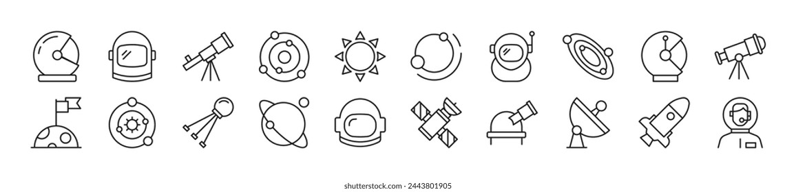 Collection of thin line icons of astronaut. Editable stroke. Simple linear illustration for web sites, newspapers, articles book 