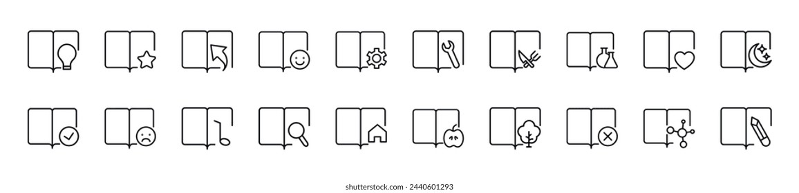 Collection of thin line icons of books with various items. Editable stroke. Simple linear illustration for web sites, newspapers, articles book 
