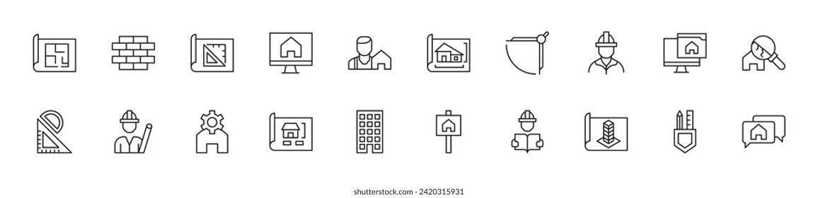 Sammlung von dünnen Linien Symbole der Gebäude und Renovierung. Lineares Zeichen und bearbeitbarer Strich. Geeignet für Webseiten, Bücher, Artikel