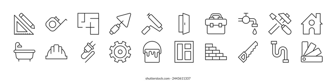 Colección de iconos de línea fina de construcción y construcción. Trazo editable. Ilustración lineal simple para sitios web, periódicos, libros de artículos 