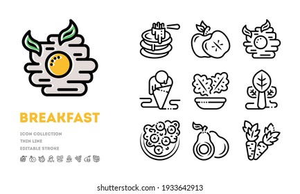 Collection of thin line icons of cafe menu for lunch pause or breakfast. Vector first and second course dishes, desserts and fresh fruits idea isolated on white background