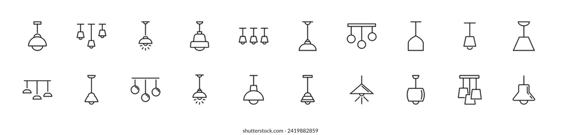 Kollektion von feinen Linienbildern von Kronleuchtern und Lampen. Lineares Zeichen und bearbeitbarer Strich. Geeignet für Webseiten, Bücher, Artikel