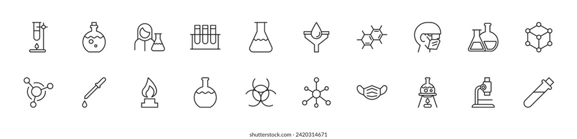 Collection of thin line icons of chemistry. Linear sign and editable stroke. Suitable for web sites, books, articles