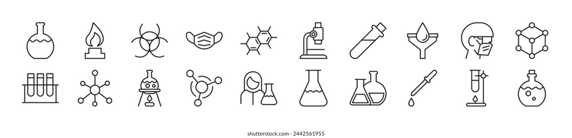 Colección de iconos de línea fina de química. Trazo editable. Ilustración lineal simple para sitios web, periódicos, libros de artículos 