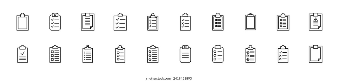 Collection of thin line icons of clipboard with various elements. Linear sign and editable stroke. Suitable for web sites, books, articles