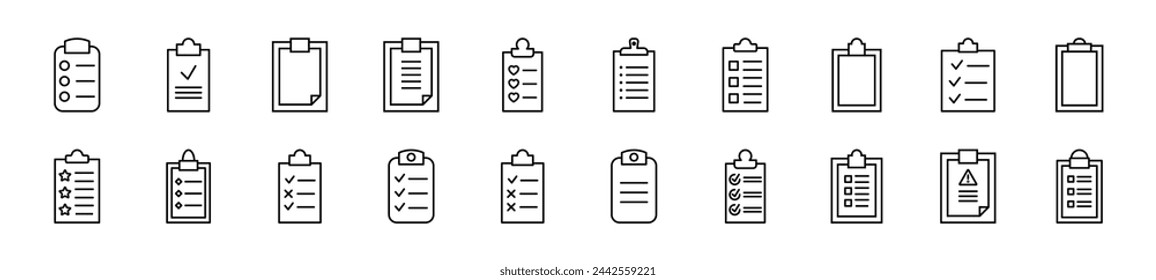 Collection of thin line icons of clipboard. Editable stroke. Simple linear illustration for web sites, newspapers, articles book 