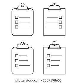 Collection of thin line icons with clipboard - check list, report, survey, questionnaire. Pixel perfect, editable stroke