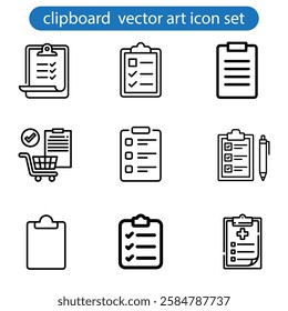 Collection of thin line icons with clipboard - check list, report, survey, questionnaire. Pixel perfect, editable stroke, vector art illustration on white background.