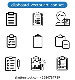 Collection of thin line icons with clipboard - check list, report, survey, questionnaire. Pixel perfect, editable stroke, vector art illustration on white background.