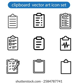 Collection of thin line icons with clipboard - check list, report, survey, questionnaire. Pixel perfect, editable stroke, vector art illustration on white background.