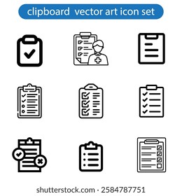 Collection of thin line icons with clipboard - check list, report, survey, questionnaire. Pixel perfect, editable stroke, vector art illustration on white background.