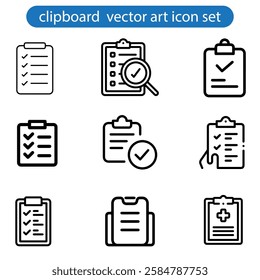 Collection of thin line icons with clipboard - check list, report, survey, questionnaire. Pixel perfect, editable stroke, vector art illustration on white background.