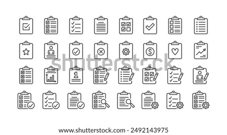 Collection of thin line icons with clipboard - check list, report, survey, questionnaire. Pixel perfect, editable stroke, vector eps10 illustration